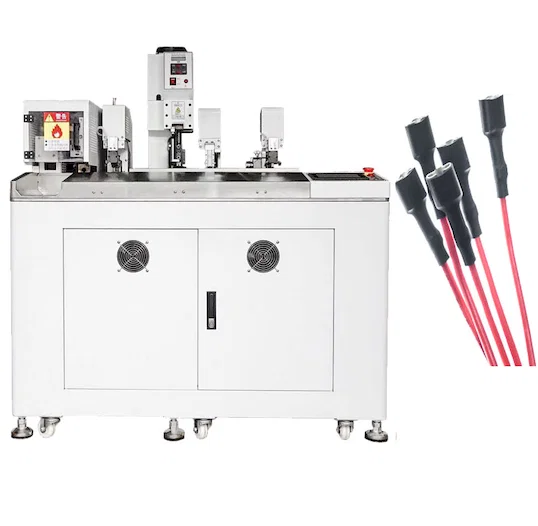 Zsugorcső behelyező, sodró, ónozó és krimpelőgép